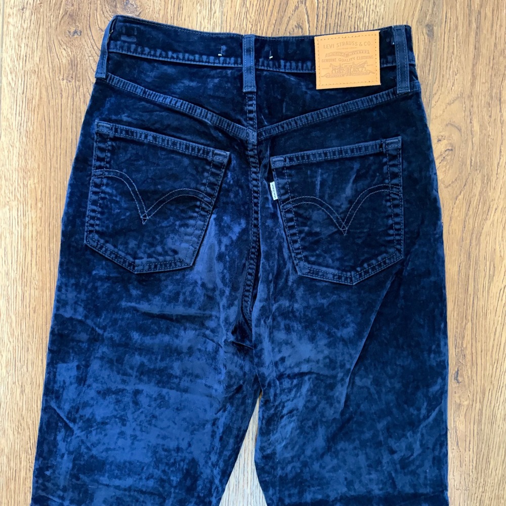 Levis Ribcage Bootcut Navy Blue Velour High Rise Flare Pants Womens 26x30 Boho - Picture 14 of 14